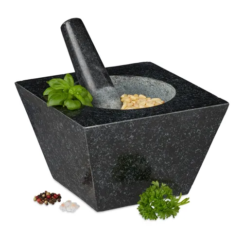 relaxdays Mörser Eckiger Mörser mit Stößel - Granit grau schwarz, 12 cm hoch und ideal zum Mahlen von Gewürzen und Kräutern