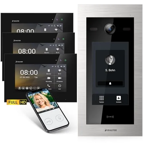Balter EVO-HD Video Türsprechanlage mit Touchscreen – Komplettset für Einfamilienhaus - Erleben Sie Sicherheit und Komfort mit der Balter EVO-HD Video Türsprechanlage. Das Set enthält 3x 7 Zoll Monitore und eine elegante Türstation mit Touchscreen. Genießen Sie Full HD Auflösung und flexible Zutrittskontrolle per App.
