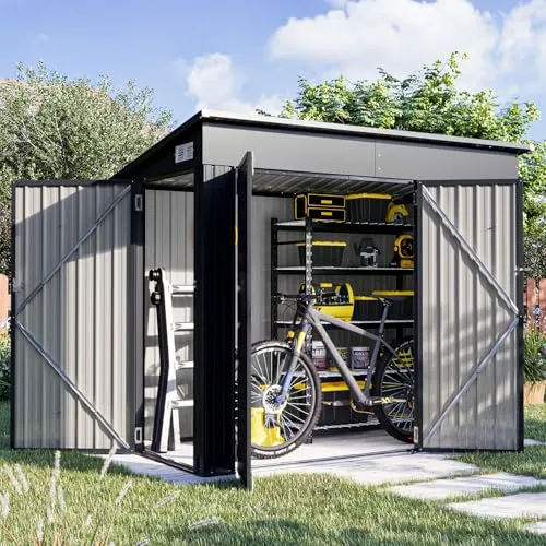 Aoxun Gartenhaus Metall 232x131x183cm mit 3 Türen & Pultdach, wetterfestes Fahrradgarage für bis 4 Fahrräder, Stabiler Geräteschuppen aus verzinktem Stahl für Garten Terrasse Hof