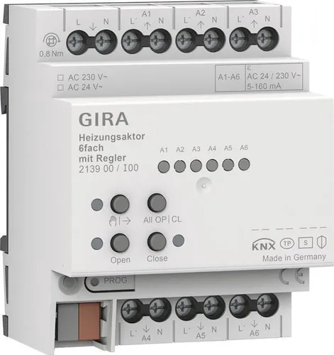 GIRA 213900 Heizungsaktor 6f Regler OneKNX REG - Effiziente Heizungssteuerung - Elektroinstallation mit 6 unabhängigen Ventilausgängen und integriertem Raumtemperaturregler. Ideal für präzise Heiz- und Kühlanlagensteuerung.