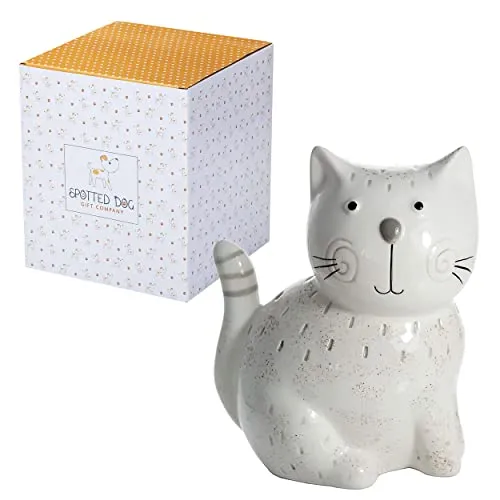 SPOTTED DOG GIFT COMPANY Katzen Deko Figuren aus Keramik für Kinder Erwachsene, Skulpturen mit Katzenform für Wohnzimmer Heimdekoration, Geschenke für Katzenliebhaber Katzenmama, Weiß 15cm