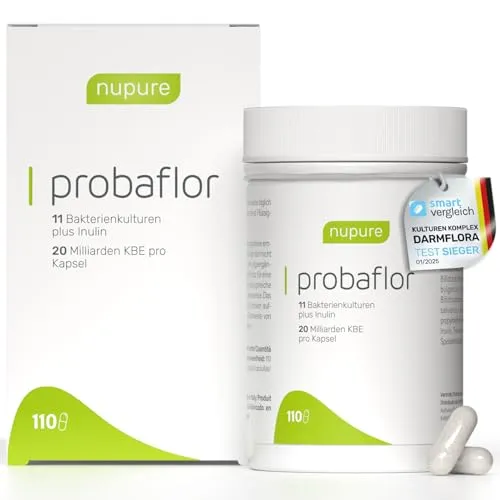 Nupure® Probaflor mit 345 Mrd KBE/g*, 110 Kapseln mit 11 Spezielle Bakterienstämme, Mit Inulin und Lactobacillus salivarius SP2, Besser geschützt dank Spezialdose, Vegan