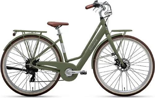 Adriatica Cityrad 6 Gang Shimano - Retro E-Citybike 28 Zoll in Olivgrün - E-Bike mit 6-Gang Kettenschaltung von Shimano, ideal für Stadtfahrten. Robuster Aluminiumrahmen und komfortable Federgabel sorgen für ein angenehmes Fahrgefühl.