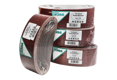 Eckra Schleifscheibe 35 Schleifbänder 75x533mm Sortiment Korn 24 40 80 120 - Vielseitiges Schleifband-Set für Bandschleifer, ideal zur Bearbeitung von Holz und Metall. Hohe Standzeit durch kunstharzgebundene Korund-Körnungen.