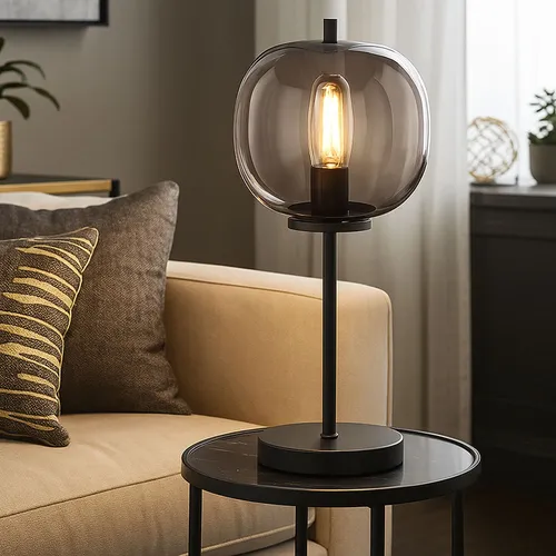 Design Tischleuchte BLACKY - Schwarz mit Rauchglas - Stehleuchte aus schwarzem Metall und rauchfarbigem Glas (Ø 18,5 cm), ideal für Wohn- und Essbereich. E14 Fassung für individuelle Leuchtmittelwahl, perfekt für LED.