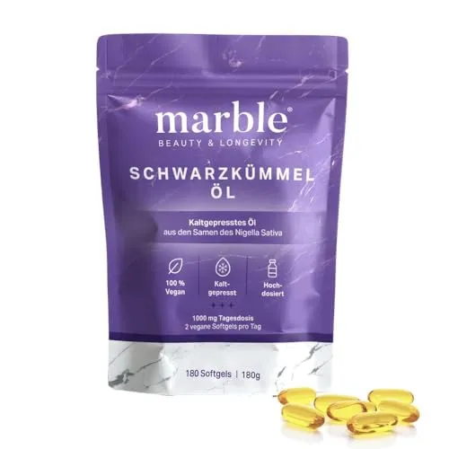 Schwarzkümmelöl Kapseln - kaltgepresst naturbelassen - 1000 mg Kümmelöl pro Tagesdosis + Vitamin E - 84% aktive essentielle Fettsäuren - 180 Softgels - Black Seed Oil aus Nigella Sativa