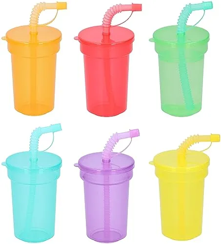 Wiederverwendbare Kunststoff-Trinkbecher für Kinder, 380 ml, mit Deckel und Strohhalm, 6 Stück