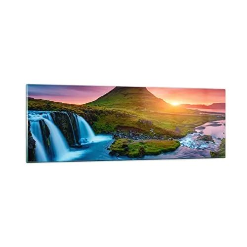 Panorama Bilder auf Glas Sonnenuntergang Wasserfall Island Vulkan Glasbild 90x30cm Wandbilder Dekoration Wohnzimmer Schlafzimmer Küche Klein Wanddeko Wand Kunstdruck Art Modern GAB90x30-2963