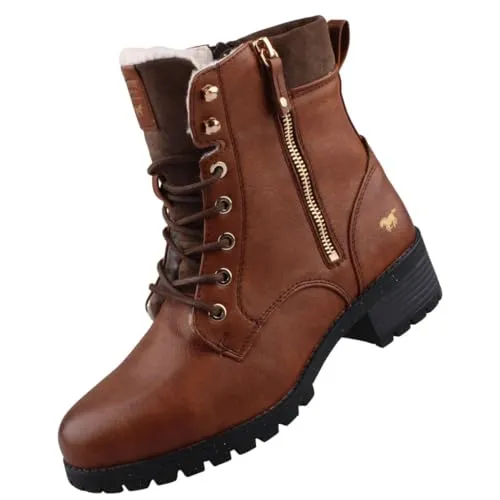 Mustang Damen Elegante Stiefelette 1435603 Braun - Wanderschuhe für Damen, gefüttert und modisch. Diese elegante Stiefelette aus Kunstleder bietet mit warmem Teddyfleece-Innenfutter und praktischem Reißverschluss hohen Komfort für kalte Tage.