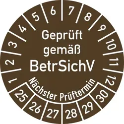Dreifke® Prüfplakette Gepr.gemäß BetrSichV...2025-2030,Dokumentenfolie,Ø 30 mm,10 Stück/Bogen