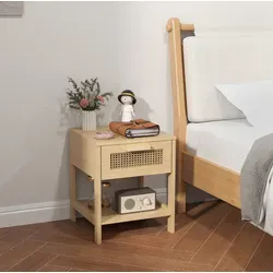 Nachttisch Holz Natur Mit Rattan-optik, 40x40x48,4 Cm, 1 Schublade Und Offener Ablage