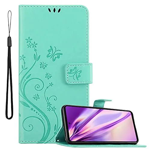 Cadorabo Hülle kompatibel mit Samsung Galaxy A72 4G / 5G Blumen Design aus Kunst Leder Flip Klappbare Magnetische [Standfunktion] [Kartenfächern] Cover Hülle für Galaxy A72 4G / 5G Tasche in Türkis