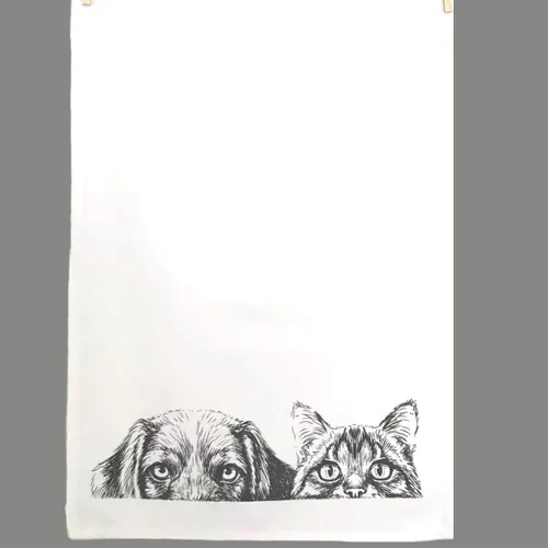 GESCHIRRTUCH KÜCHENTUCH MOTIVTUCH SIEBDRUCK 17;30 HAMBURG WEISS/GRAU HUND-KATZE