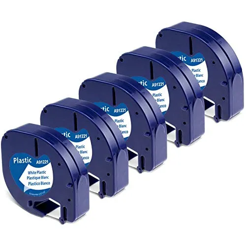 Aken A91221 Bänder Kompatibel mit Dymo Etikettenband Letratag 12mm x 4m für LT-100H LT-100T 200B XR, Schwarz auf Weiß, Kompatibel mit Dymo Letratag XR Etikettenband, White Plastic 91221 S0721660 5 x