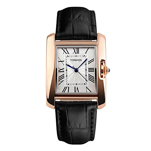 TONSHEN Damenuhr Analog Quarz Uhr Rosé Gold Schale Lederband Uhren Quarzuhr Armbanduhr für Damen Mädchen (Schwarz)