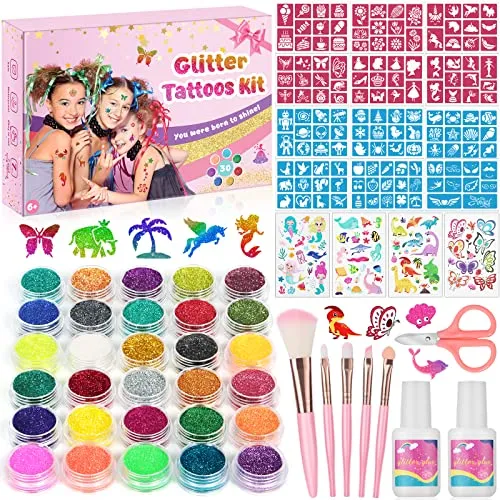 Glitzer Tattoo Set Kinder, Temporäre Tattoos für Mädchen, 30 Farben Glitzer, 139 Schablonen & 4 Blätter Tattoo Aufkleber, Make Up Kit Glitzertattoos Set für Geburtstag Mädchen Jungen Erwachsene
