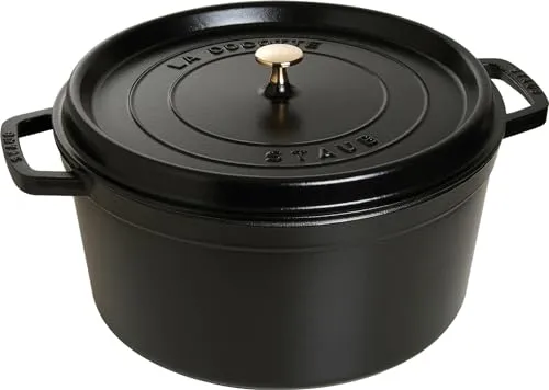 STAUB Gusseisen Bräter, Rund 34 cm - Aromaregen Funktion für saftige Gerichte - Pfannen - Runder Bräter aus Gusseisen mit 12,6 L Volumen, ideal für saftiges Garen und alle Herdarten, inklusive Induktion. Die spezielle Tropfenstruktur im Deckel sorgt für optimale Feuchtigkeit.