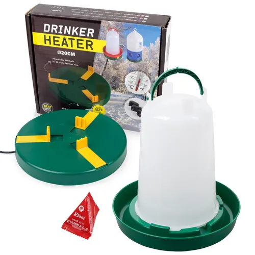 Tränkenwärmer Ø20cm + Tränke 1,5 Liter + Vitamine, Heizplatte Wärmeplatte Hühner