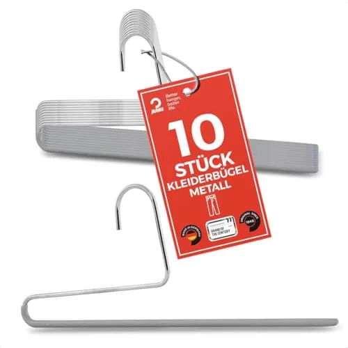 MAWA Hosenbügel, Set mit 10 platzsparenden Kleiderbügel, ideal für Jeans, Stoffhosen und Anzughosen, mit antirutschbeschichtetem Steg, 35 cm, Silber