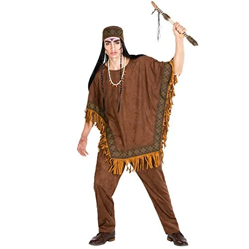 tectake dressforfun Herrenkostüm Häutpling | Indianer Kostüm für Fasching - Kostüm-Outfits für Erwachsene, modernes Poncho-Oberteil mit Ethno-Borten und Fransen, inklusive Kette und Kopfschmuck für den perfekten Auftritt als wilder Indianer.