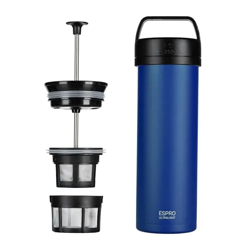 Espro French Press Kanne P0 Ultralight - French Press für unterwegs, mit doppeltem Mikrofilter für perfekten Kaffeegenuss ohne Kaffeesatz. Ideal für Reisende, aus vakuumisoliertem Edelstahl, leicht und kompakt.