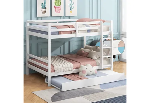 OKWISH Etagenbett Jugendbett mit Ausziehbett – Modernes Design in Weiß - Das moderne Etagenbett in Weiß bietet komfortable Schlafplätze für Kinder und Gäste. Mit praktischem Ausziehbett und stabiler Treppe für einfachen Zugang. Ideal für platzsparende Lösungen im Jugendzimmer.