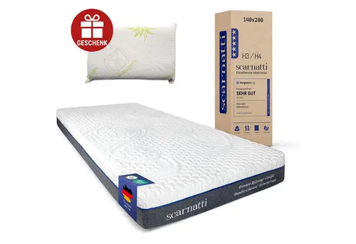 Kaltschaummatratze Matratze 18 cm hoch, Kaltschaummatratze Memory Schaum Bett, 7-Zonen, scarnatti, 18 cm hoch, (Spar-Set), Gelmatratze mit H3/H4, Bambus, Grüntee & Zero Motion (Gratis Kissen)