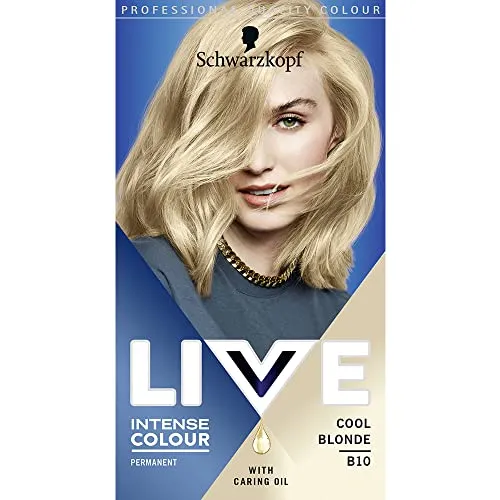 Schwarzkopf LIVE Intensive Farbe, bis zu 50% Grauabdeckung, Permanent Blonde Haarfarbe, Mit pflegenden Ölen und Keratin, Aufhellung der Haare bis zu 2 Stufen - Cool Blonde B10