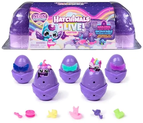 Hatchimals Alive Neon Rainbow Eierkarton Spielset - 5 selbstschlüpfende Eier - Puppen Set mit 5 magischen Neon-Eiern, die im Wasser schlüpfen und die Farbe verändern. Inklusive 11 kreativen Accessoires für fantasievolles Spielen und Aufbewahrung.