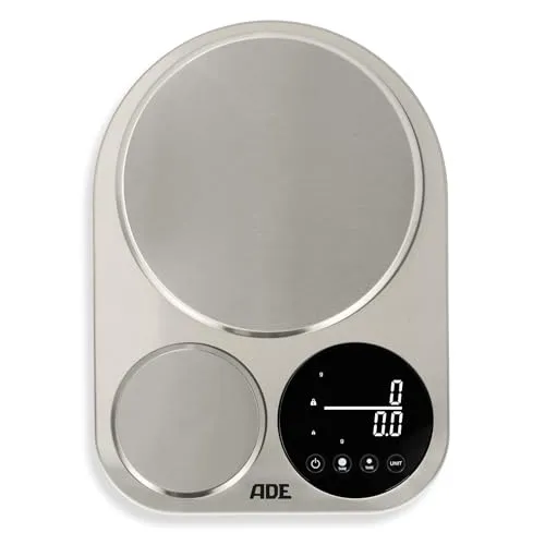 ADE Küchenwaage digital mit 2 Plattformen | 5kg Tragkraft & 0,1g Genauigkeit - Digitale Küchenwaage mit 2 Plattformen für präzises Abwiegen von 0,1g bis 5kg. Ideal für Kaffeeliebhaber und beim Brotbacken. Kompakte Bauweise mit elegantem Edelstahl-Design.