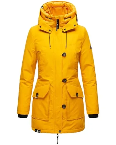 Navahoo Damen Winterjacke Freezestoorm in Gelb, Größe XS - Stylischer, wasserdichter Damen Winterparka von Navahoo mit großer Kapuze und tailliertem Schnitt. Ideal für kaltes, nasses Wetter, bietet hohen Tragekomfort und praktische, warme Taschen.