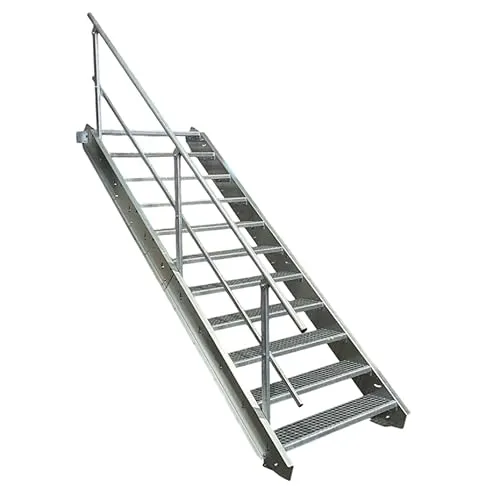 Stufen Stahltreppe mit einseitigem Geländer - Breite 60cm, Geschosshöhe 165-220cm - Robuste 11-Stufen Stahltreppe für den Außenbereich, ideal für industrielle Anwendungen. Mit einseitigem Geländer bietet sie zusätzliche Sicherheit und Stabilität. Inklusive umfangreichem Zubehör.