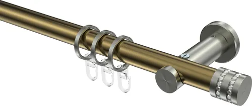 Interdeco Gardinenstange Typ Platon Estana - Messing Antik mit Glitzerkappe, 520 cm - Elegante 1-läufige Gardinenstange Typ Platon Estana mit Glitzerkappe. Aus robustem Metall in Messing Antik und Edelstahl-Optik, ideal für stilvolle Fensterdekoration. Länge 520 cm, einfach zu montieren.