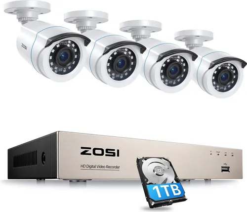 ZOSI 8CH H.265+ 1080P DVR Überwachungssystem mit 1TB Festplatte - Überwachungskameras mit 4x 2MP Außenkameras, 24M IR Nachtsicht und einfacher App-Steuerung für flexiblen Zugriff auf Livebilder und Aufnahmen.