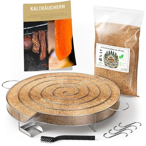 Kaltrauchgenerator (30 cm)/ Räucherschnecke für Räucherofen + 1,2 kg Räuchermehl Buche + 4 Fleischhaken & Reinigungsbürste – Edelstahl-Spirale für Fleisch, Fisch, Wurst – Inkl. PDF-Ratgeber (Gratis)