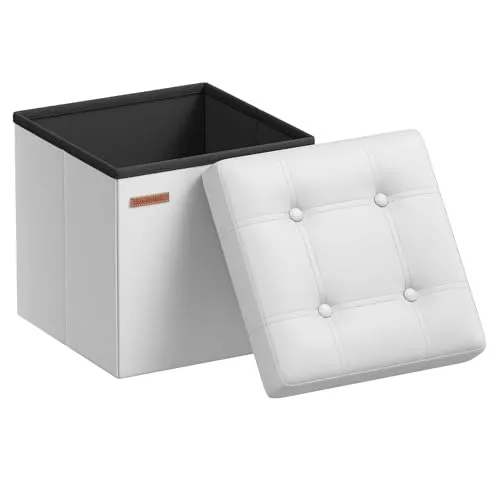 SONGMICS Sitzhocker 38 cm, faltbar, mit Deckel, PVC-Leder | Aufbewahrungsbox, Fußhocker, bis 300 kg belastbar, für Eingang, Wolkenweiß und Tintenschwarz, MINOTA Kollektion LSF030W11