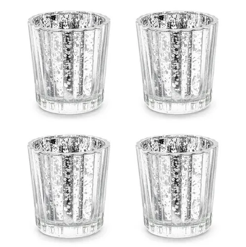 partydeco Teelichthalter, Teelichthalter Glas 5,5x6cm silber 4er Set silberfarben