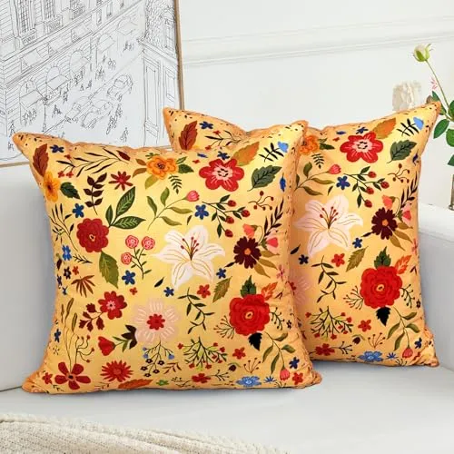HZYKDWD Set mit 2 Kissenbezügen, 45 x 45 cm, Boho, floral, Vintage, dekorative Kissenbezüge, 45 x 45 cm, doppelseitig, bedruckt, für Haus, Sofa, Wohnzimmer, Schlafzimmer, Orange