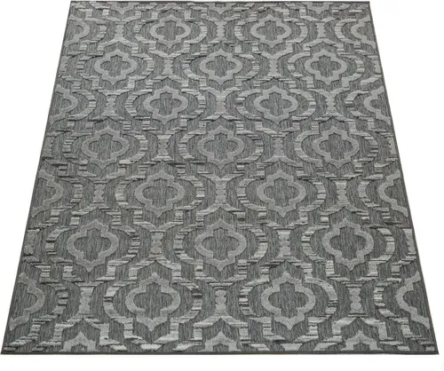 Paco Home In- & Outdoor Terrassen Teppich Ethno Muster - Wetterfester Teppich in modernem Grau, ideal für Terrasse und Garten, mit STANDARD 100 by OEKO-TEX Zertifizierung und geeignet für Fußbodenheizung.