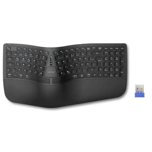 TECKNET Ergonomische Tastatur Kabellos, Deutsches QWERTZ Split Tastatur mit Handballenauflage, Wiederaufladbar Ergo Funktastatur, Bluetooth & USB Natürliches Tippen für Windows/Mac