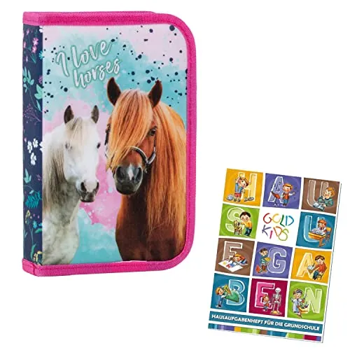 Goldkids Federtasche Federmappe Federmäppchen ohne Inhalt Schüleretui Stifte und Pinsel Fanartikel inkl. Aufgabenheft Federbox Etui Stiftetasche Schlamper-Etui Schul-Etui Pferd Motiv