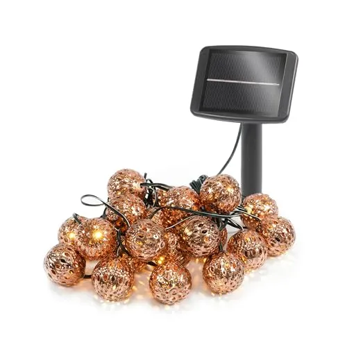 esotec Orientalische Solar Lichterkette mit 20 warmweißen LEDs - Lichterketten für traumhafte Abende im Freien. Die eleganten kupferfarbenen Ornamentkugeln schaffen ein warmes Licht und sind ideal für Garten und Balkon.