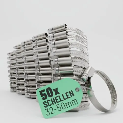 Greate 50x Schlauchschellen Edelstahl 32-50 mm - Schlauchfitting-Bandschellen, rostfrei und korrosionsbeständig, mit hoher Klemmkraft für sicheren Halt an Waschmaschine, Pool oder Teich.