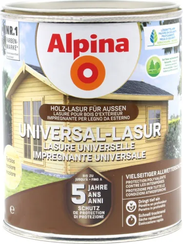 Alpina Universal-Schutz Ebenholz 2,5 Liter seidenmatt - Holz-Lasur mit bis zu 5 Jahren Schutz, ideal für Überkopfverarbeitung. Die seidenmatte Oberfläche bietet starken Nässeschutz und beugt Grünbelag vor.