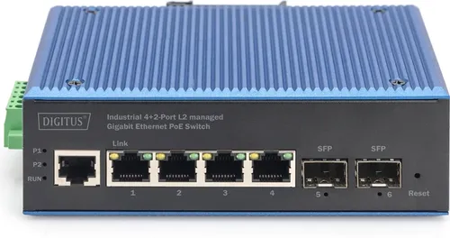 DIGITUS PoE Netzwerk-Switch - 6-Port Gigabit Ethernet, ideal für Kamerasysteme mit robustem IP40 Metallgehäuse und einfacher Hutschienenmontage