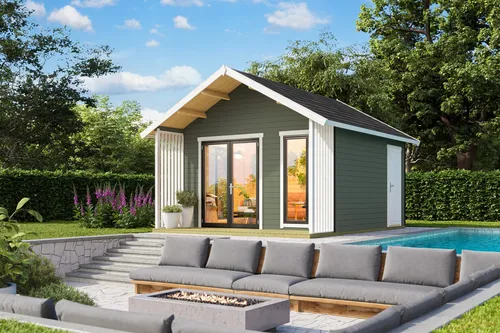 Gartenhaus Blockhaus Murano 44 mm - Satteldach in grün - Gartenhaus mit 15,29 m² Nutzfläche, 44 mm Wandstärke und isolierverglasten Fenstern. Ideal für Gartenliebhaber, die Qualität und Sicherheit schätzen.