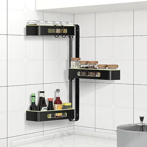 Todeco 3 Etagen Gewürzregal, 180° drehbar, Höhenverstellbar, Gewürzregal Wand Ohne Bohren, für Küche und Bad, 38 x 12 x 59 cm, Aluminium (Grün)