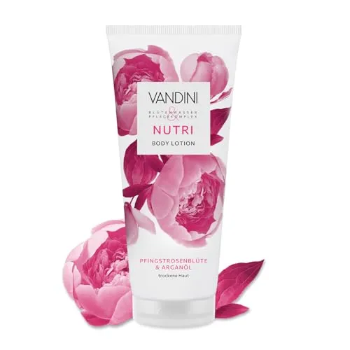 VANDINI NUTRI Body Lotion Damen 200 ml - Körperlotion für trockene Haut mit Rosenblütenwasser und Arganöl - vegan, dermatologisch getestet und ohne Parabene. Erlebe geschmeidige Haut und einen zarten Duft.
