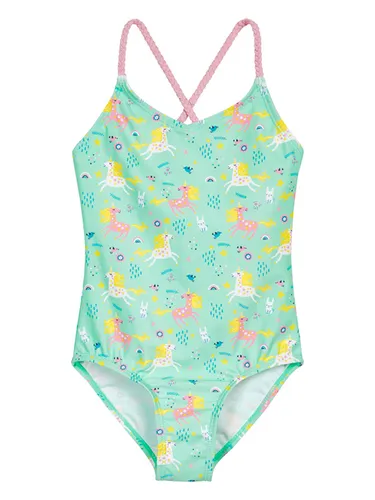 Playshoes Badeanzug in Mint/Bunt, Größe 98/104 - Baby-Bademode mit UV-Schutz 50+, schnelltrocknend und mit süßen Rüschen – perfekt für kleine Schwimmabenteuer!