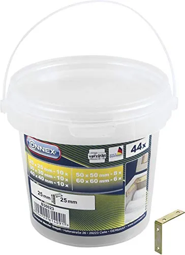 Connex Stuhlwinkel-Sortiment 44-teilig - Verzinkter Stahl - Vorsortierte Größen im Eimer 25 / 40 / 50 / 60 mm - Optimal für DIY-Möbel / Winkelverbinder / Eckverbinder / Befestigungswinkel / B30023